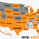 Illustration for article titled Map: Six Decades of the Most Popular Names for Boys, State-by-State